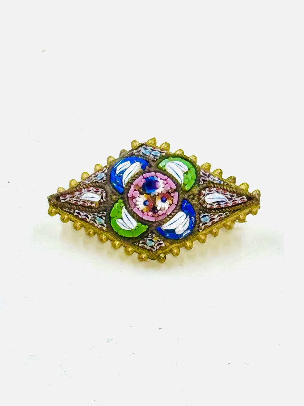 Vintage Gold Tone Micro-Mosaic Floral Diamond-Shaped Brooch W/C-Clasp